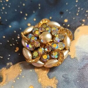 Vintage Iridescent Stones and Faux Pearl Brooch